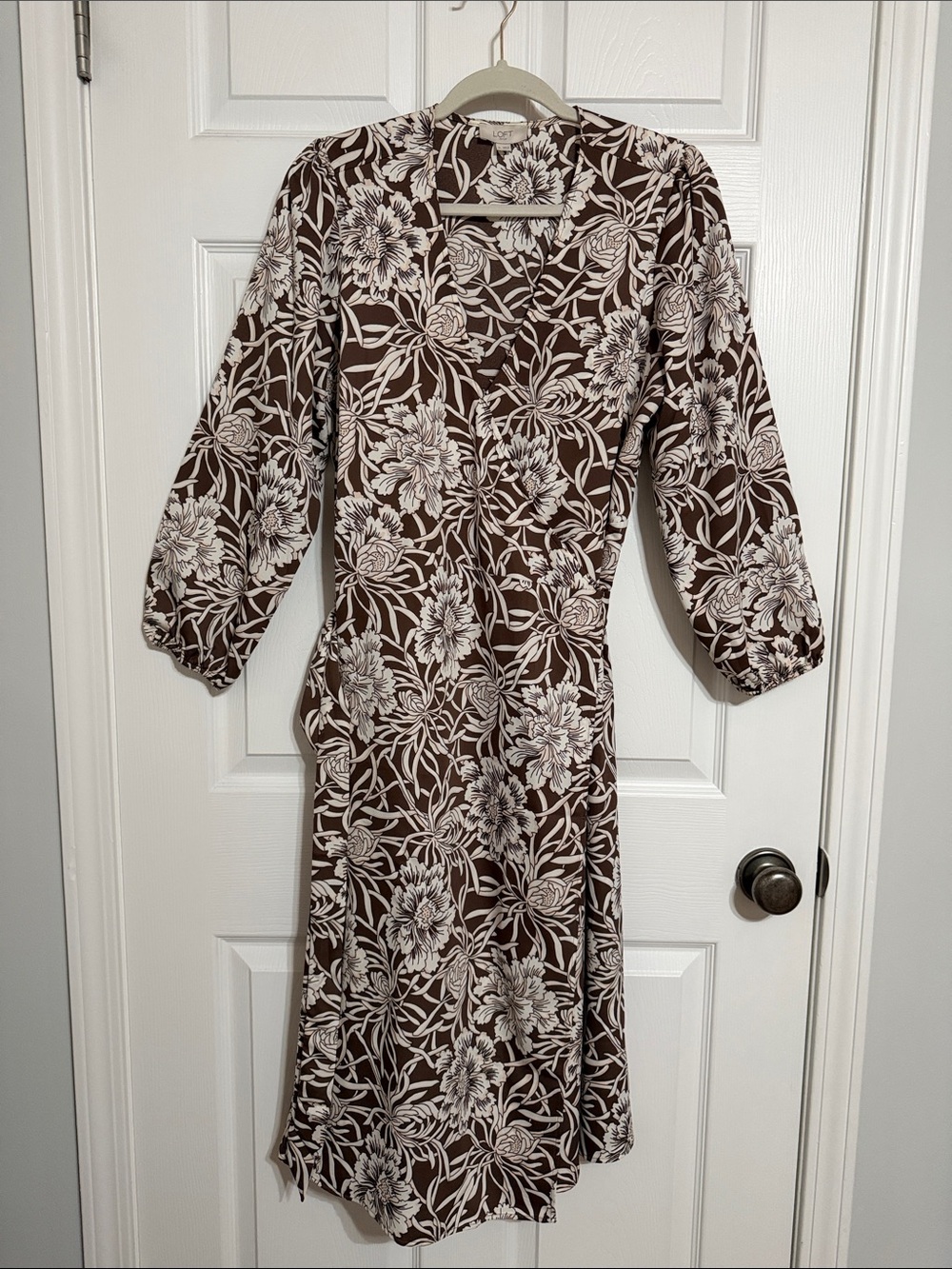 LOFT Brown, Cream and Pink Floral Wrap Dress